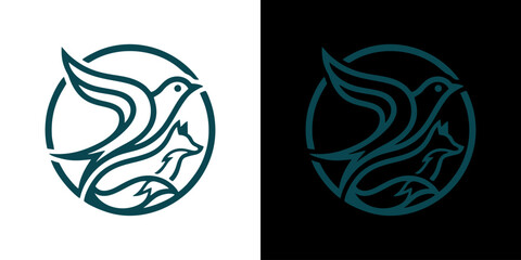 Naklejka premium Minimalist Line Art Logo Featuring a Fox and a Bird Inside a Circle on Contrast Backgrounds
