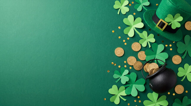 Festive St. Patrick's Day flat lay background featuring paper shamrocks, a leprechaun hat, a pot of gold, and golden coins on a green surface.