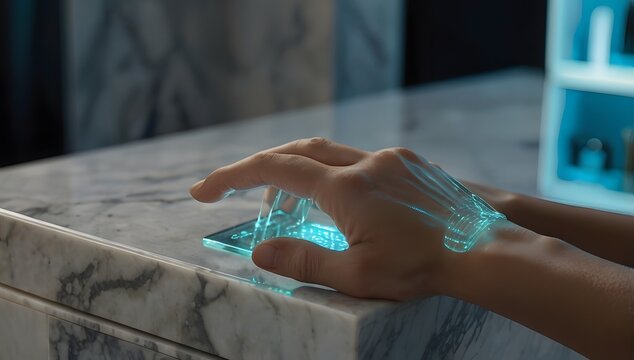 Advanced wearable technology concept featuring a human hand integrated with a glowing blue digital bionic interface on a modern marble surface background.cybernetic hand, wearable technology, digital