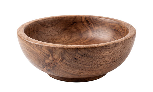 Empty wooden bowl with natural wood grain and polished finish isolated on transparent background, ideal for kitchen, decor and food presentation.