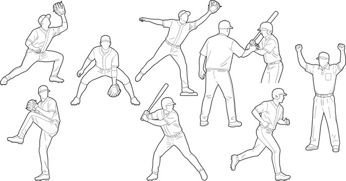 Vector silhouettes of baseball players and umpire showing pitching, batting, catching, and running actions