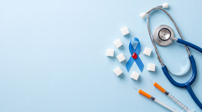 Top view of diabetes awareness concept featuring a blue ribbon, sugar cubes, stethoscope, and medical syringes on a light blue background.