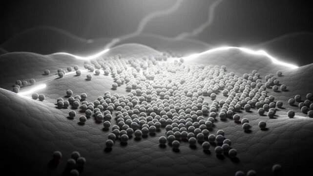 Microscopic spores on a moving wavy surface with a glowing electrical pulse passing through.