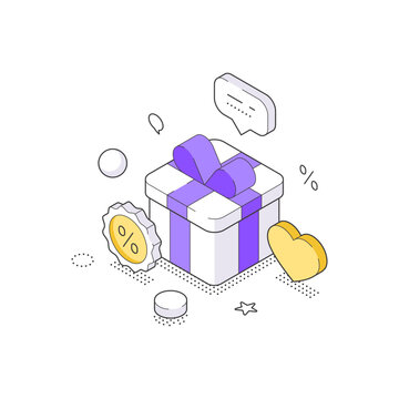 Customer loyalty program and bonus gift isometric vector illustration. Concept of special offer, discount, and marketing promotion. Modern design for e-commerce, retail store, and shopping app