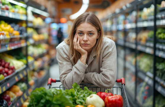 Portrait of unhappy woman, dissatisfied with the prices at the supermarket