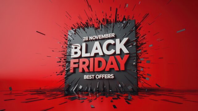 Black Friday Explosive 3D render with Black Friday text and scattered debris on a vibrant red background for high impact retail marketing