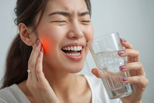 Woman grips her jaw, eyes closed, in pain. She holds a glass of water, seeking relief. Her expression shows intense discomfort