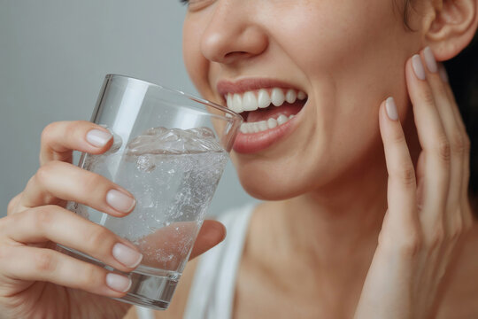 Woman smiles while drinking sparkling water. Hands hold glass with ice cubes and bubbles. Bright, healthy teeth and joyful expression. Ideal for wellness, hydration, or healthy lifestyle themes