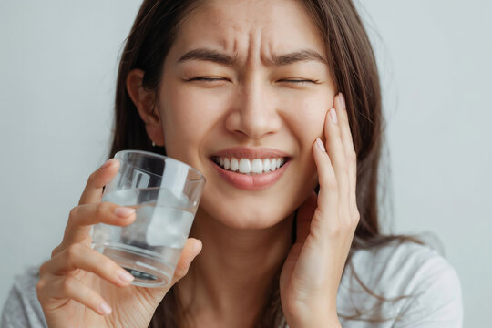 Woman feels sharp toothache pain. Woman touches cheek due to dental sensitivity decay inflamed molar holding glass with cold soda water