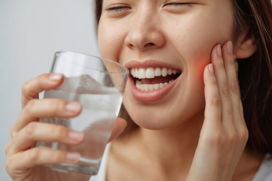 Face of young Asian woman feels sharp toothache pain holding glass with cold water