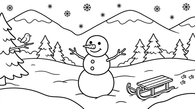 Black and white coloring page featuring a snowman, a sled, and a winter mountain landscape