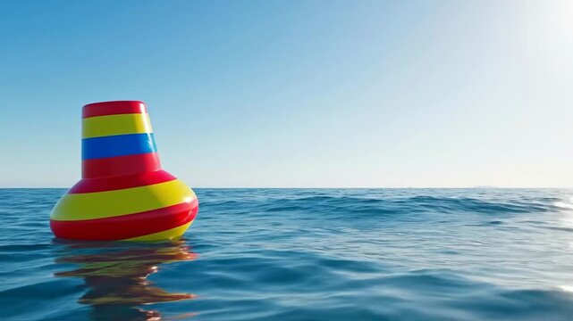 A colorful buoy floating peacefully on calm ocean waters.