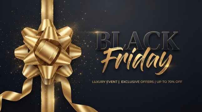 Black Friday Elegant Black Friday luxury event background with a golden gift ribbon and sparkling dust particles on dark surface
