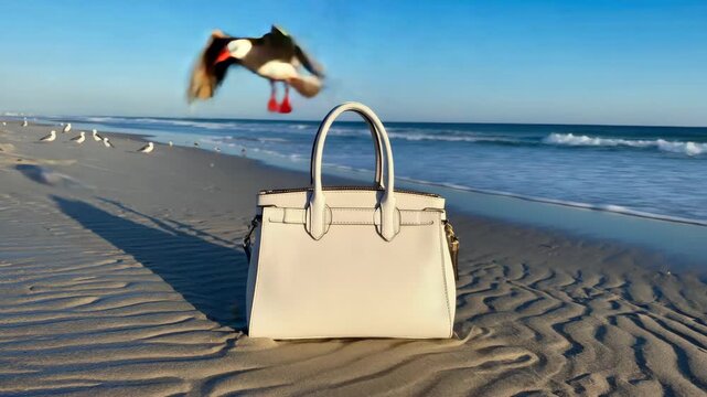 Stylish white purse with gold handle and matching gold accents, placed on sandy beach near ocean water, with waves and blue sky in the background.