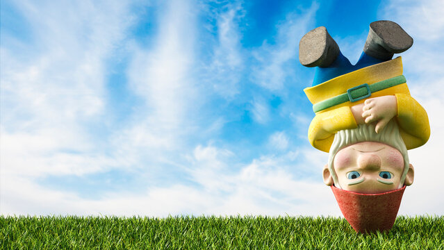Garden gnome head first on a meadow, 3D Rendering