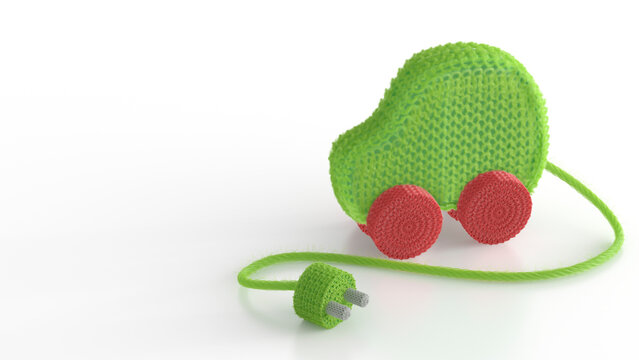 3D Rendering, green knitted car with plug