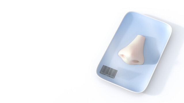 Nose on tray with barcode, 3d rendering
