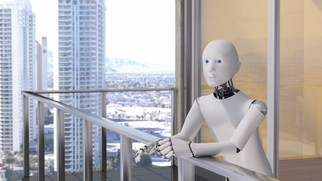 Robot standing standing on balcony