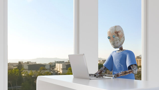 Robot working in office, using laptop