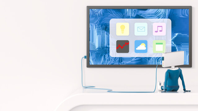 3D Illustration, Figurine looking on apps