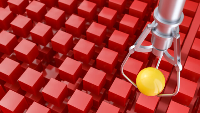 3D rendering, Claw holding yellow ball over rows of red cubes