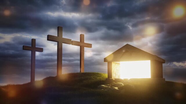 Three crosses on a hill with glowing structure during dramatic sunset sky with light rays