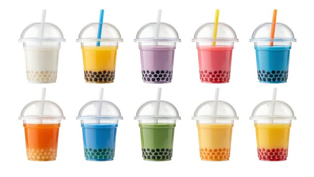 Set of colorful bubble tea cups with straws and tapioca pearls isolated on white background