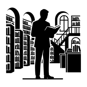 Man reading a book in a library silhouette vector illustration