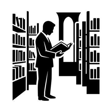 Man reading book in library black silhouette icon