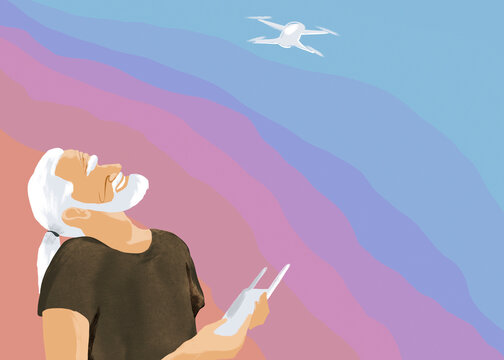 A smiling man happily flies a drone with a remote control