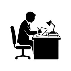 Fototapeta premium Businessman sitting at desk working with documents silhouette