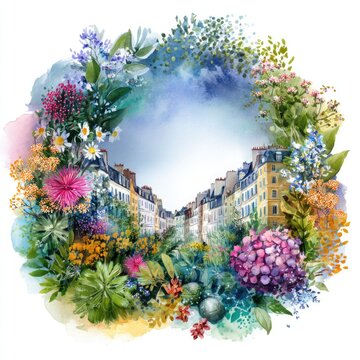 Fine watercolor illustration of a city skyline surrounded by blooming flowers and delicate greenery. Romantic urban landscape, botanical elements, and elegant decorative artwork.