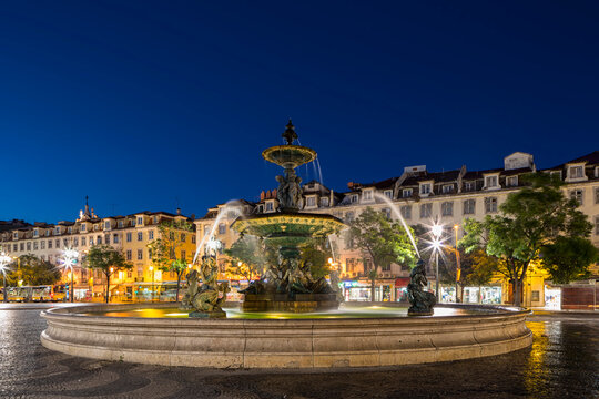 Portugal, Lisbon, Statue of King Pedro IV and Rossio Square in background