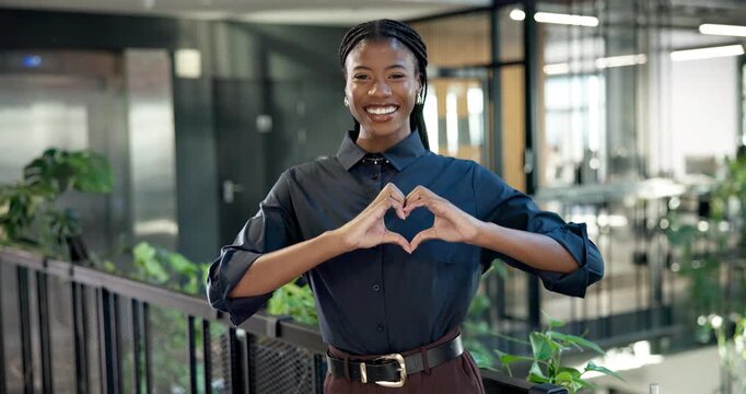 Face, heart hands and black woman in office for business initiative and happy for go green project. PR, campaign manager and like emoji in agency for environmental care, ESG and vote for NGO support