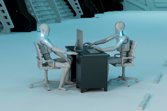 Two humanoid robots are working at a desk in a futuristic office