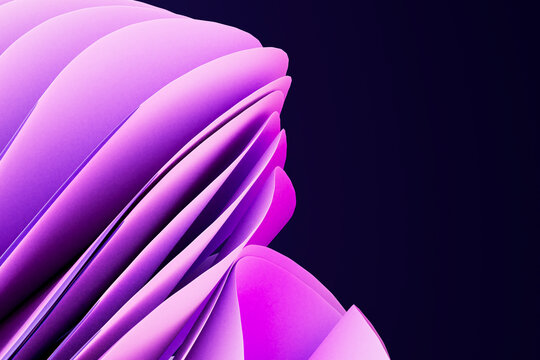 Abstract 3d render displays flowing purple shapes with copy space