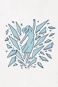 An illustration depicts a woman breaking through a glass ceiling
