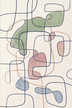 Abstract continuous line creates organic watercolor shape on canvas