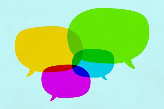 A colorful speech bubble illustration represents social communication
