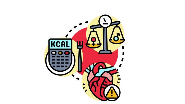 Body mass index calculation representing core factors for human health, a scale balancing gender, a calculator showing kilocalories, and a heart with an alert symbol