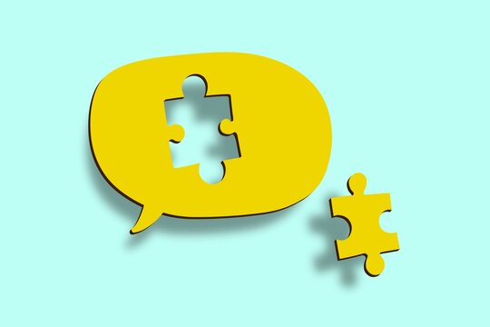 A yellow speech bubble lacks a puzzle piece on a blue background