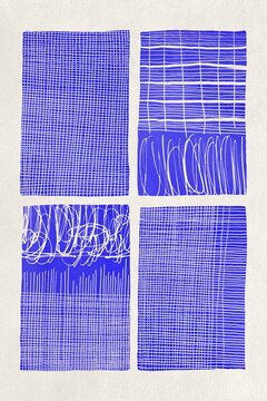 Blue abstract geometric artwork displays grid and scribble pattern