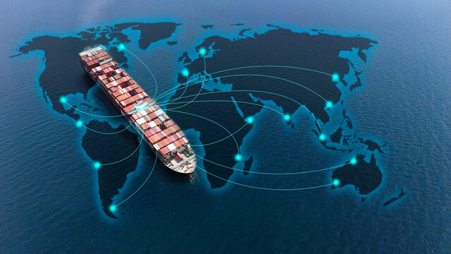 Aerial top view containers ship cargo business commercial logistic and transportation international import export by container freight cargo ship in the open seaport show ocean network on map	