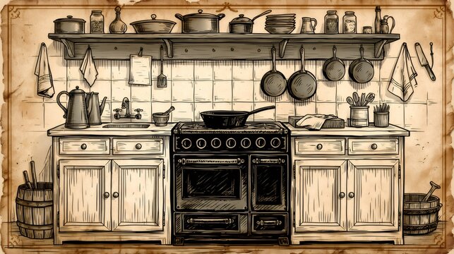 Vintage kitchen interior with old cooking stove illustration
