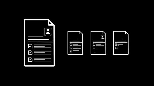 Resume document vector icon set with profile photo, check marks and contract agreement list on black background.