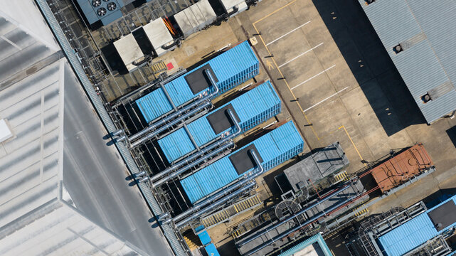 Aerial view reveals a data center with cooling infrastructure