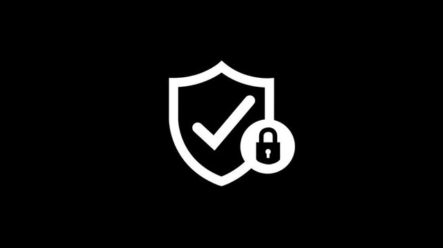 Modern security shield icon with check mark and padlock symbol depicting cuber protection verified safety data privacy isolated on solid black background.