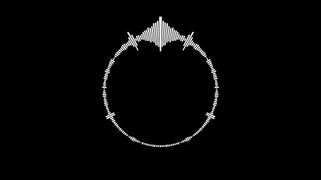 Round audio waveform animation in white on a black background, circular sound spectrum equalizer pulsing rhythmically for music apps and streaming interfaces, exported in Apple ProRes.