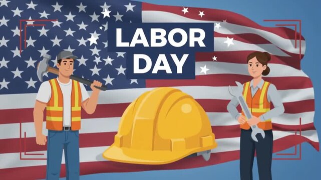 Labor Day Construction Workers American Flag Motion Graphic