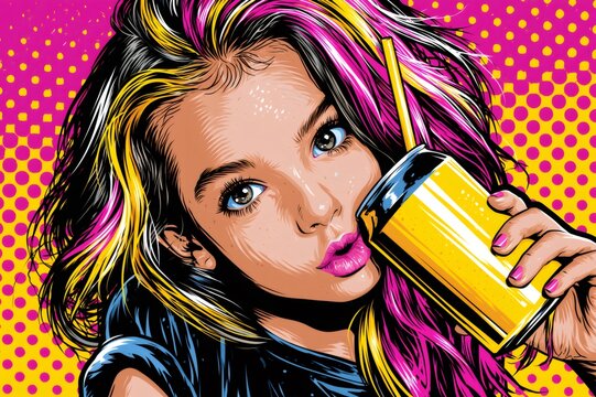 Pop art girl drinking vibrant soda can